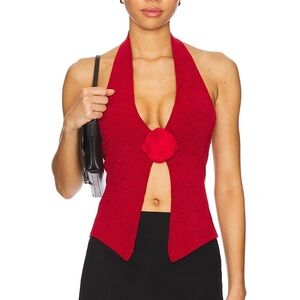 With Jean Red Halter Crop Top with Rosette